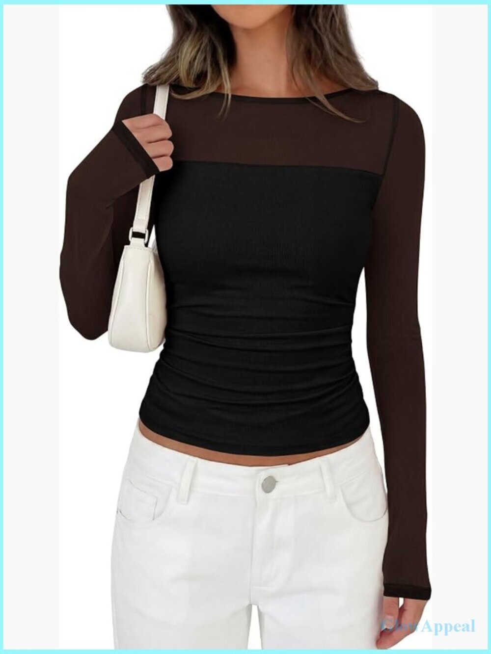 Long Sleeve Sheer Mesh Boat Neck Ruched Fitted T-Shirt